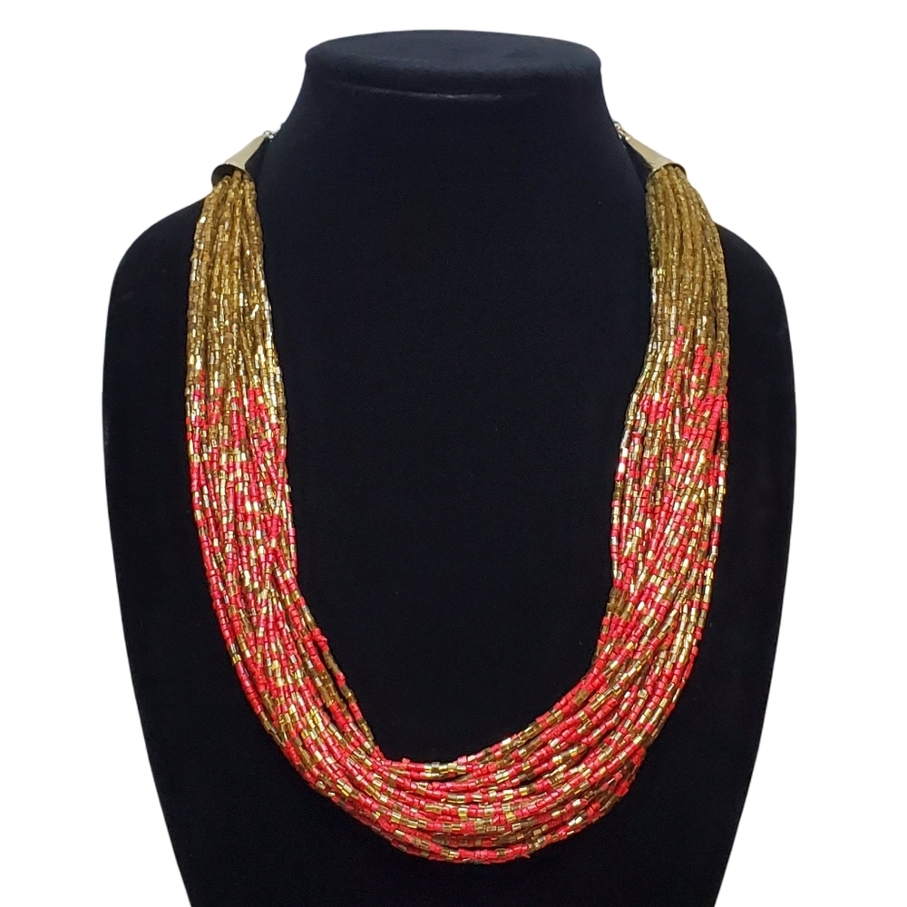 Estate Gold-Toned Multi-Strand Red & Gold Glass Seed Bead Adj Statement Necklace